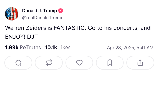 President Donald Trump appears to be a fan of country singer Warren Zeiders. (Credit: Donald Trump Truth Social)